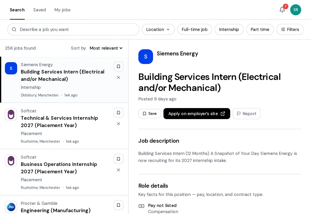 The MyUniConnectUK student dashboard showing the jobs search, a list of roles and a selected job
